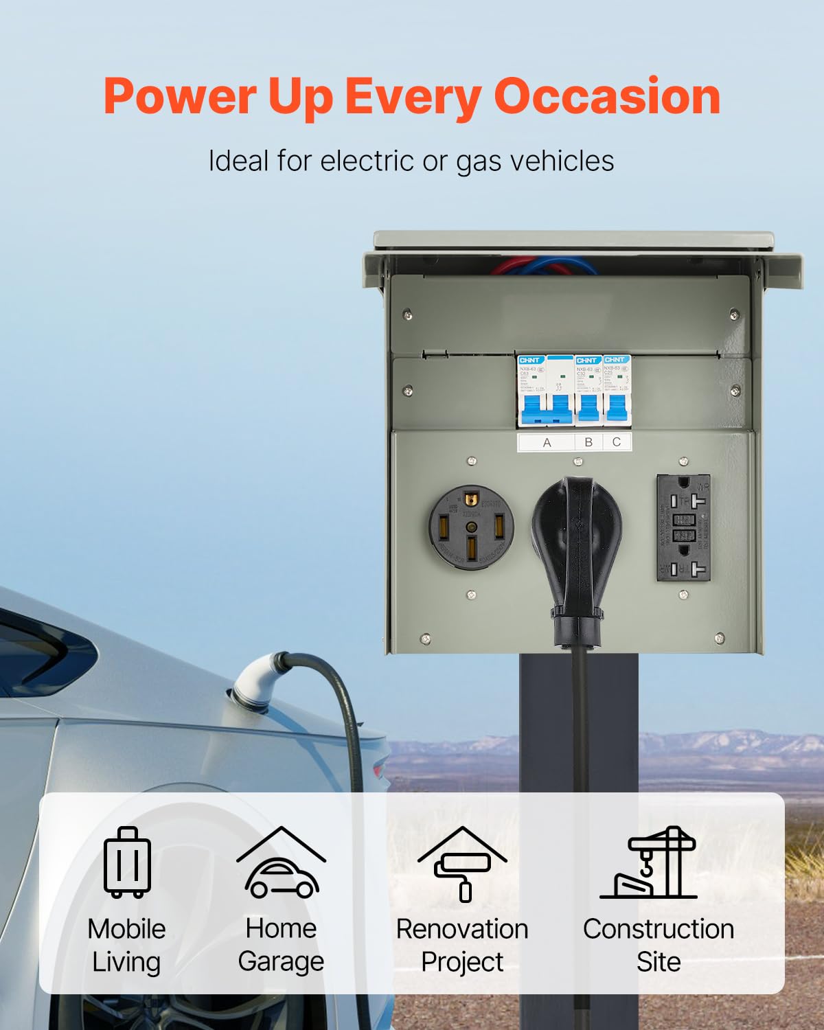 VEVOR close-up of NEMA 14-50, TT-30 and 20A GFCI receptacles offering versatile connections