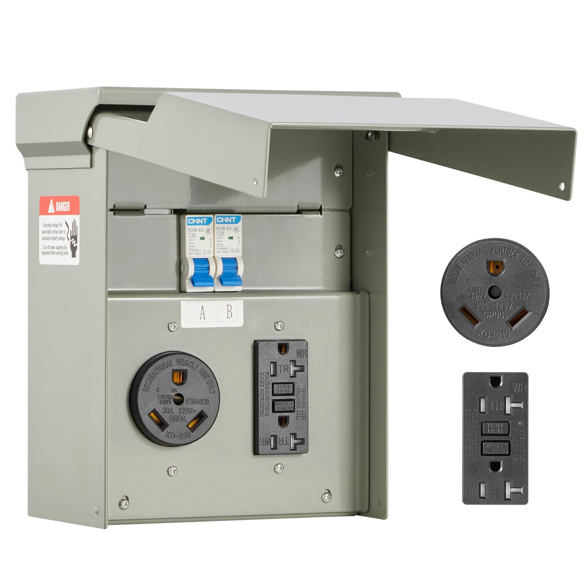 VEVOR front view showing both 30A inlet and 20A GFCI for convenient power