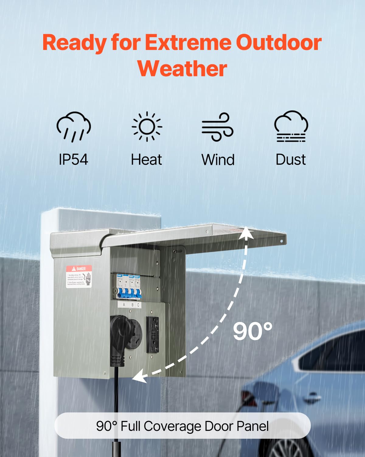 VEVOR panel mounted on an RV demonstrating quick shore-power hookup at a campsite