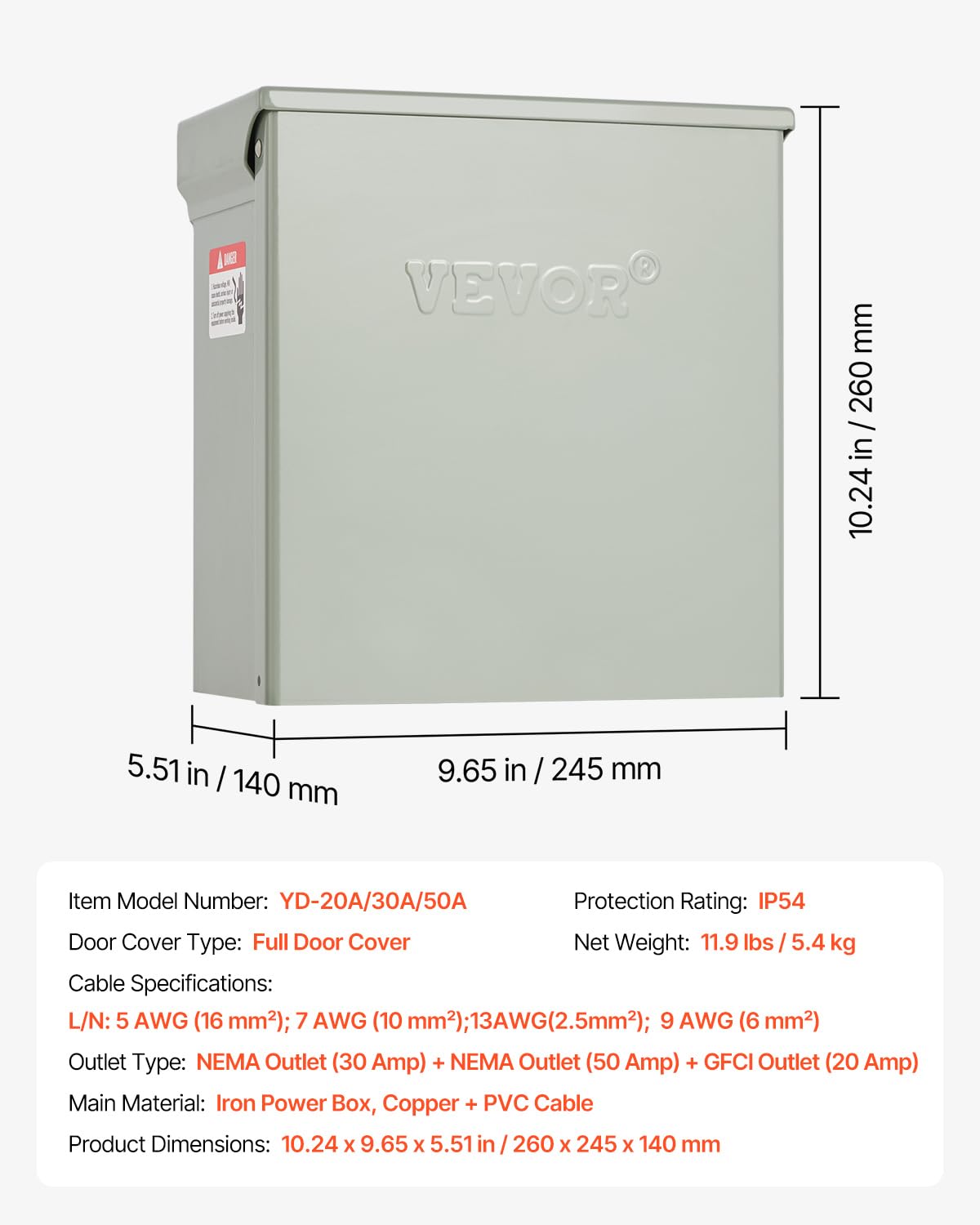 VEVOR weather-seal detail showing IP54-rated edges and splash protection for outdoor use