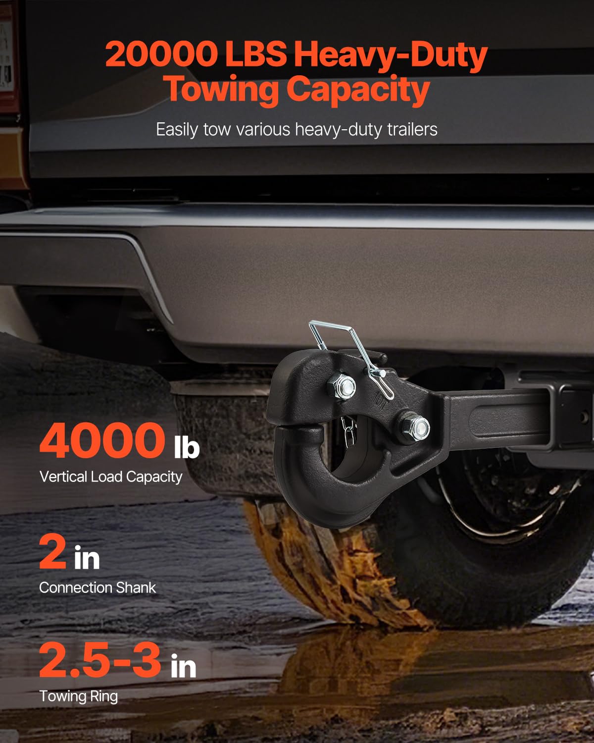 VEVOR close-up of hook and latch, highlighting durable heat-treated hook for long-term wear resistance