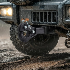 VEVOR pintle hook installed on truck towing heavy equipment, demonstrating real-world utility