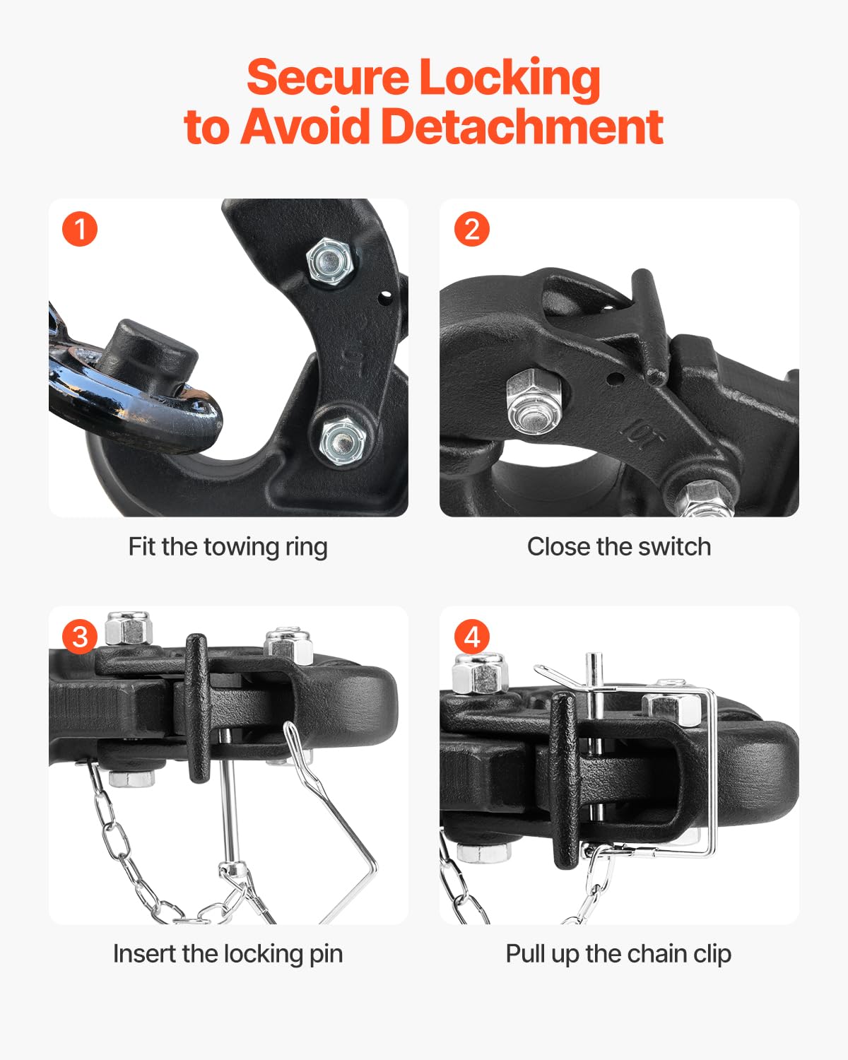 VEVOR connected to a 2.5-3 inch lunette ring, illustrating secure coupling for heavy trailers