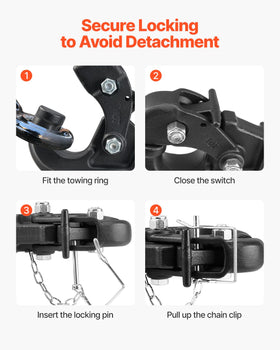VEVOR connected to a 2.5-3 inch lunette ring, illustrating secure coupling for heavy trailers