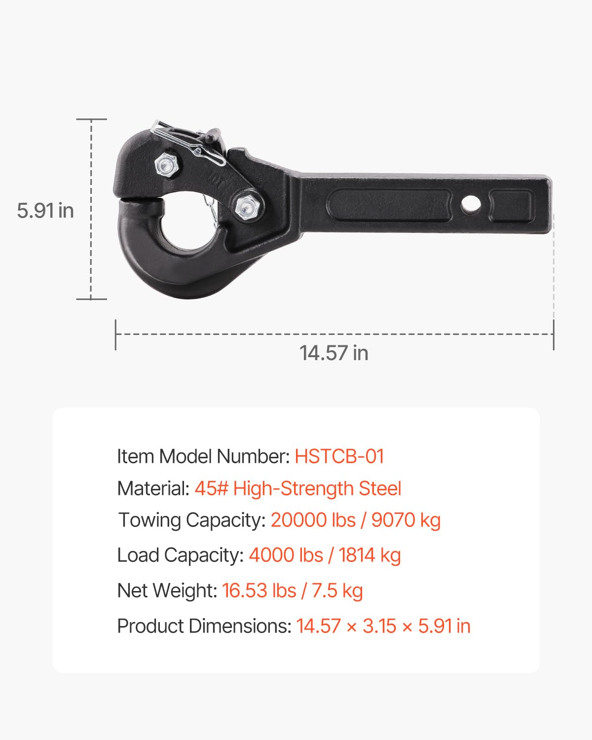 VEVOR pin and R-pin detail on latch, emphasizing secure locking to prevent accidental detachment