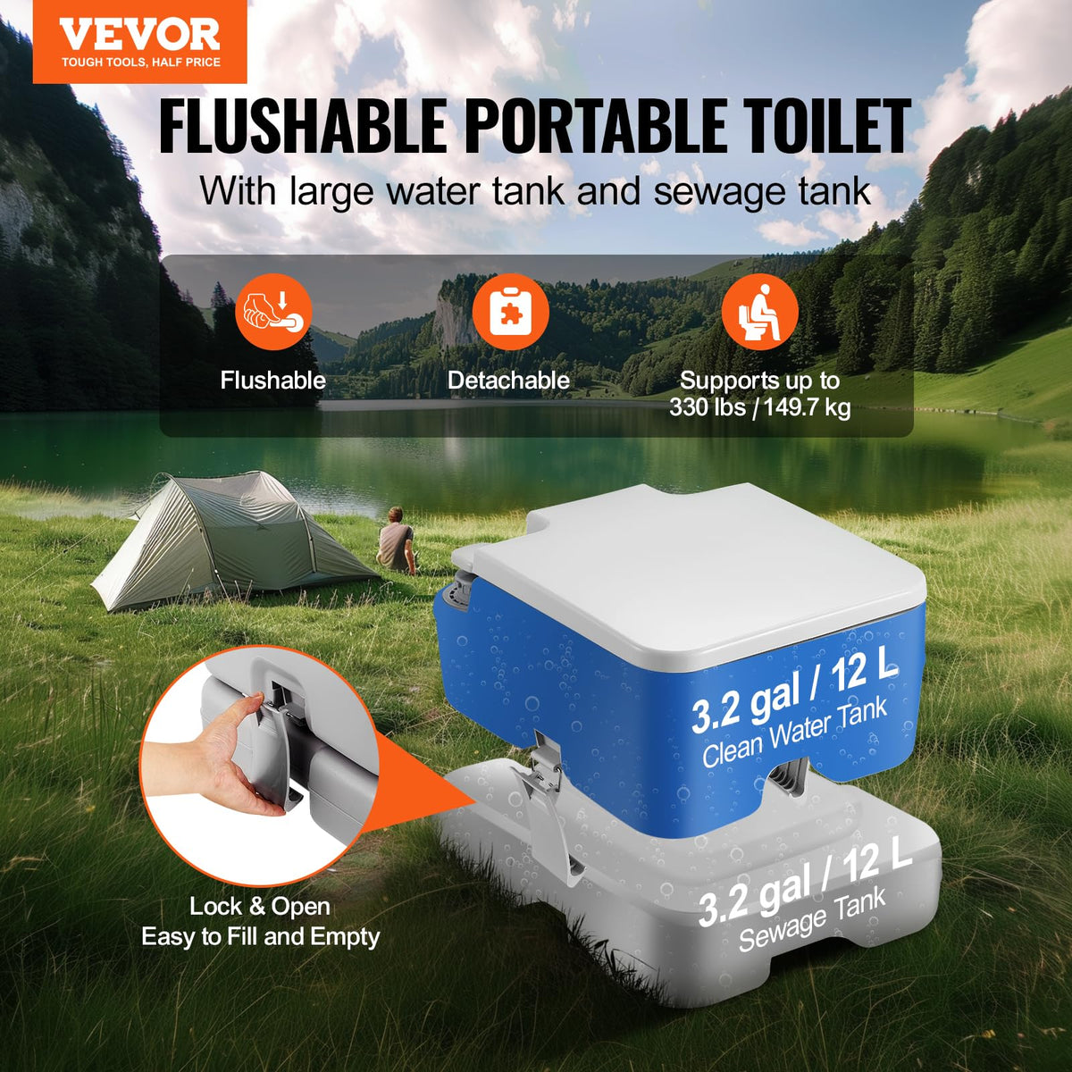 VEVOR porta potty open seat detail highlighting removable seat for cleaning