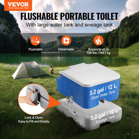 VEVOR porta potty open seat detail highlighting removable seat for cleaning