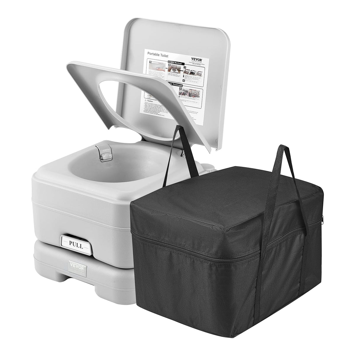 VEVOR portable toilet front view showing compact design and easy transport