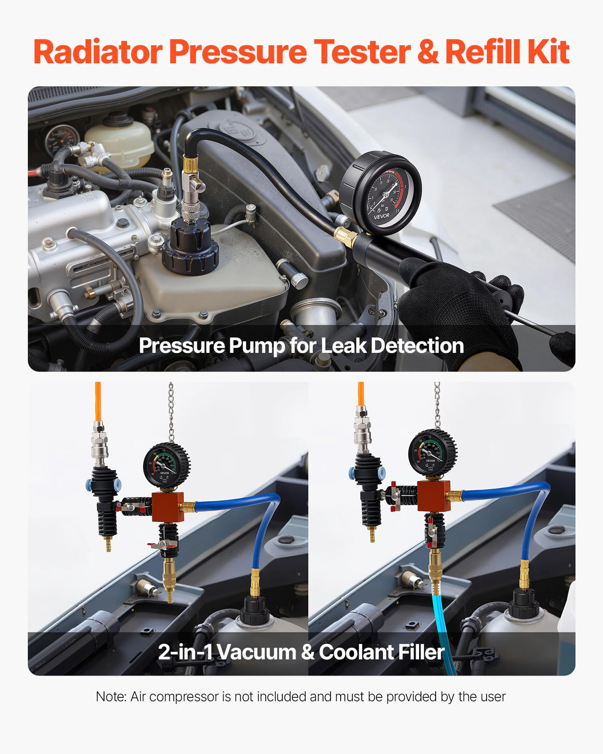 VEVOR pressure pump and precision gauge closeup for accurate leak detection