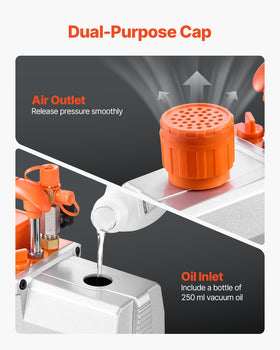 VEVOR included 250ml vacuum oil bottle displayed for immediate use and improved vacuum performance