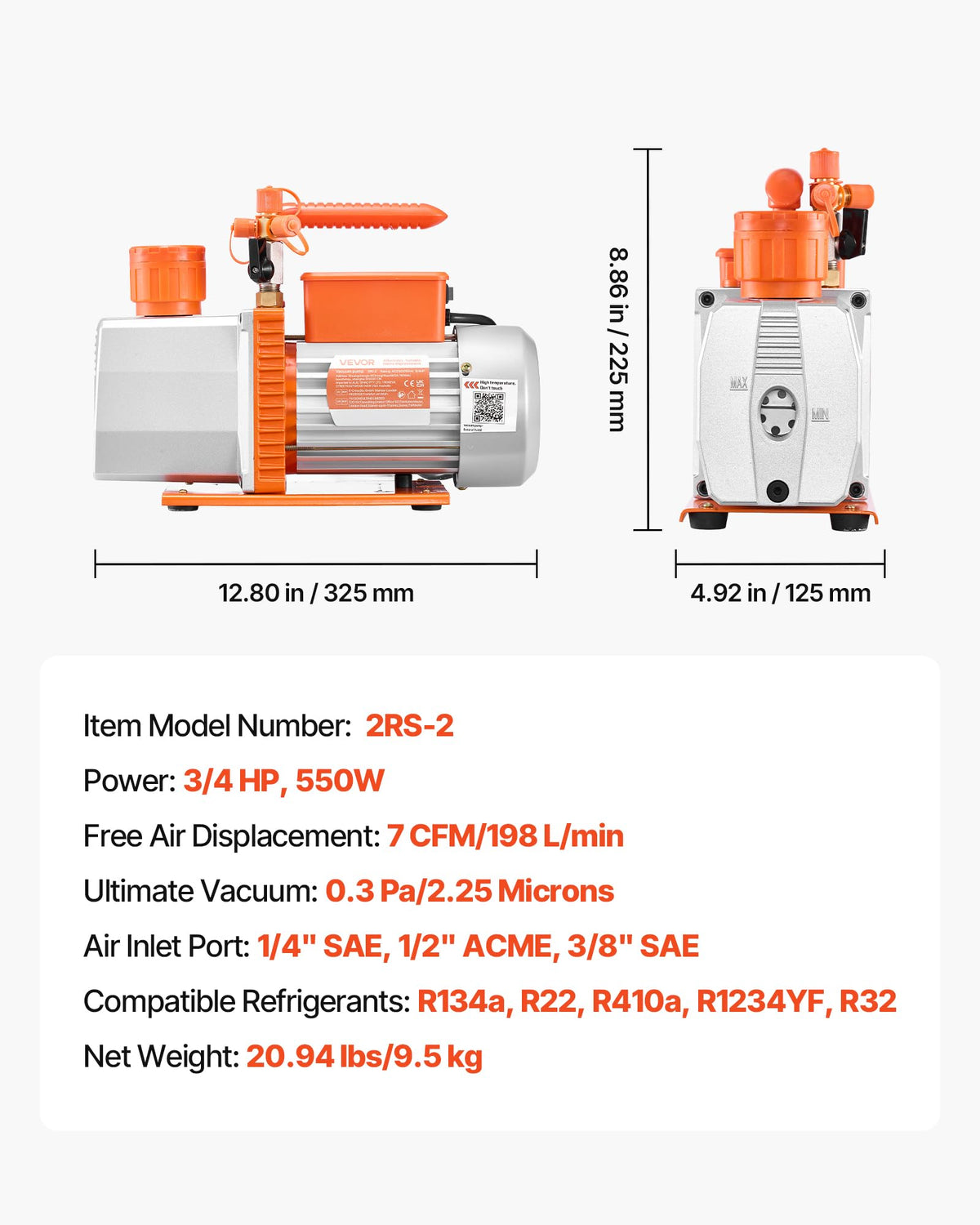VEVOR pump size comparison with hand showing compact footprint for mobile or benchtop convenience