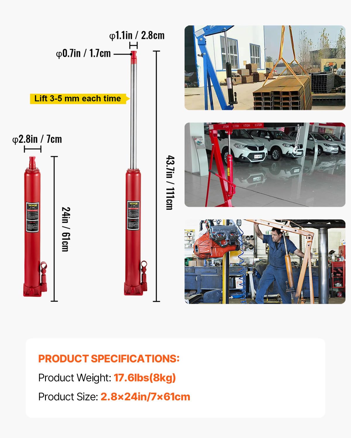 VEVOR height comparison showing adjustable range for varied lift points