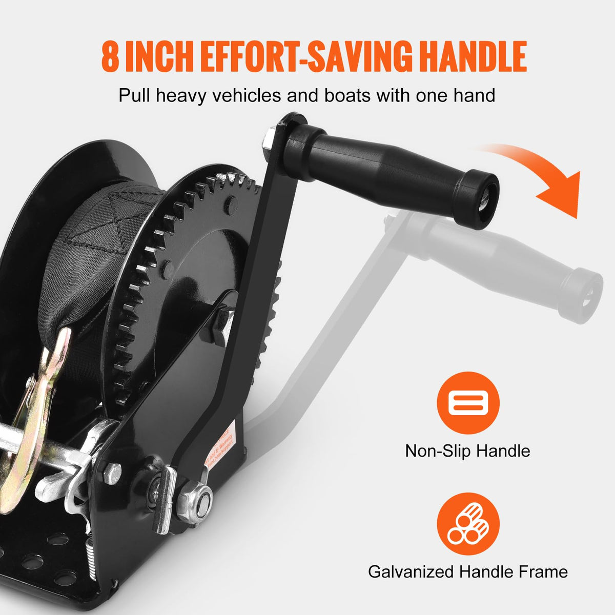 VEVOR hardened ratchet gear detail showing durability under load benefit