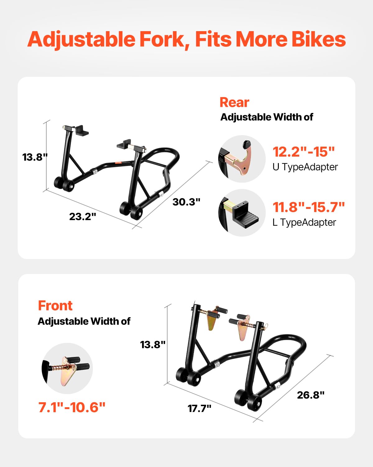 VEVOR rear L-fork detail showing adjustable fit benefit