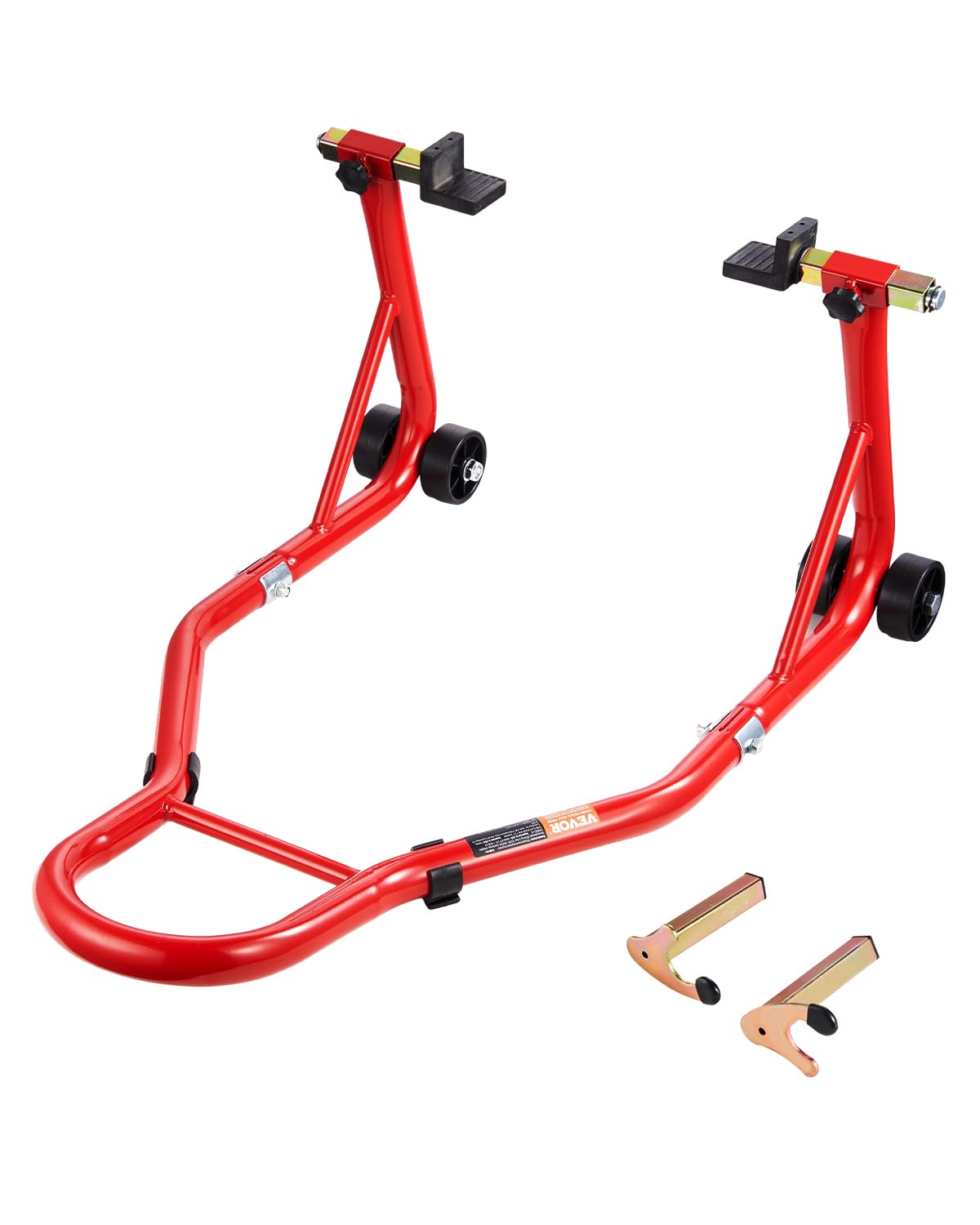 VEVOR rear wheel stand front view showing sturdy frame and red finish, durable support
