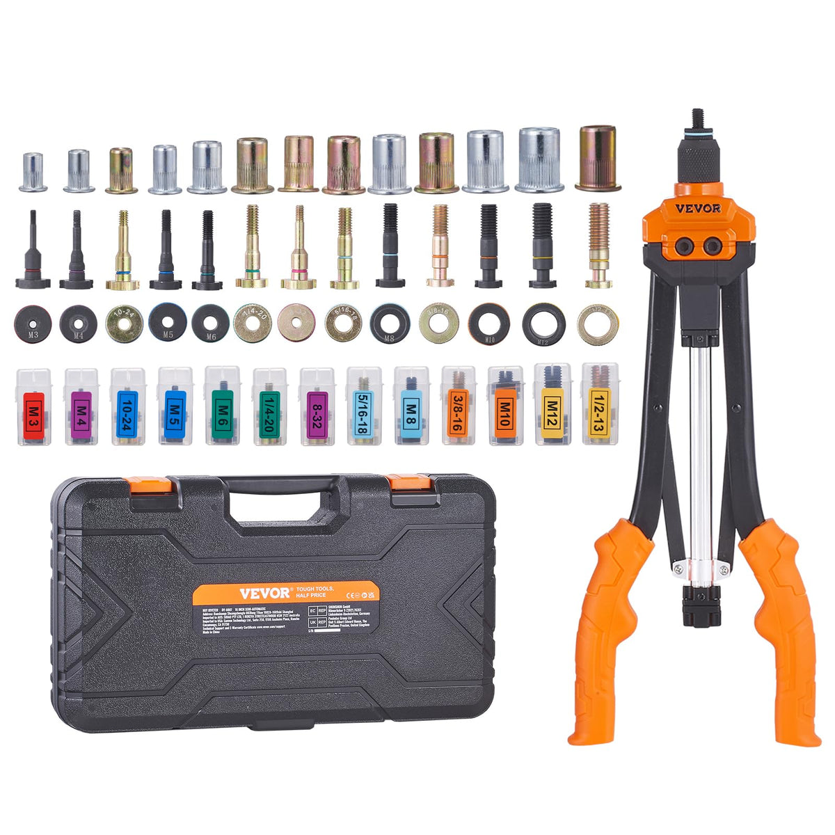 VEVOR rivet nut tool front view showing full 16-inch tool and kit convenience