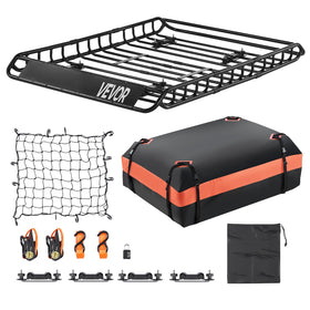 VEVOR roof rack basket front view showing sturdy frame and raised fence benefit: extra cargo space