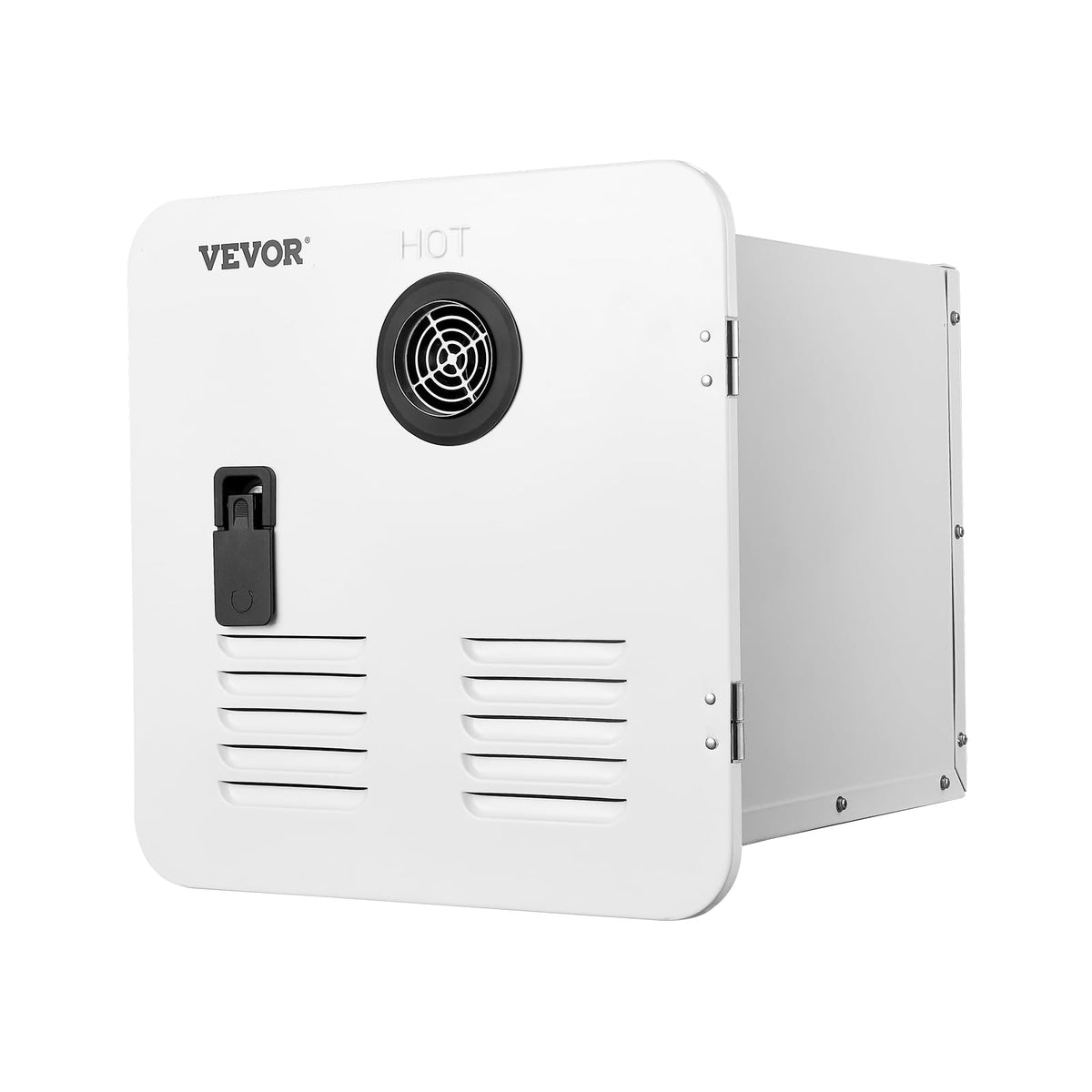 VEVOR unit next to a ruler for scale showing compact 15x15 door compatibility