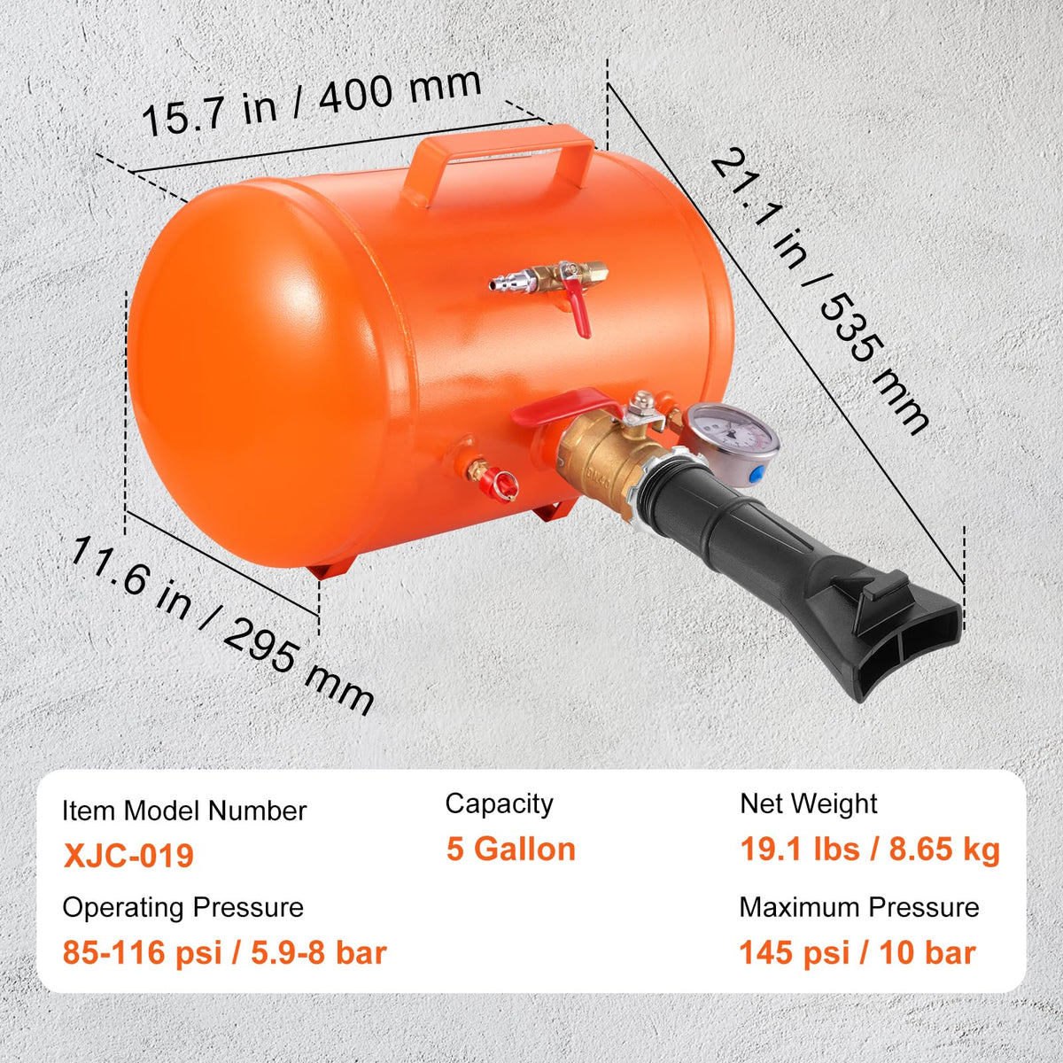 VEVOR next to ruler for size comparison, demonstrates compact 19L/5 gal capacity