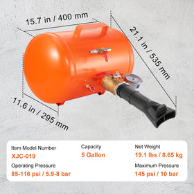 VEVOR next to ruler for size comparison, demonstrates compact 19L/5 gal capacity