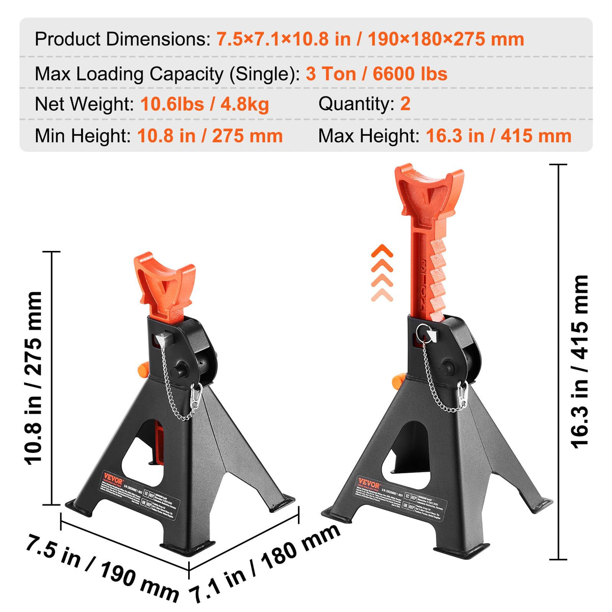 VEVOR next to tape measure showing adjustable height scale benefit