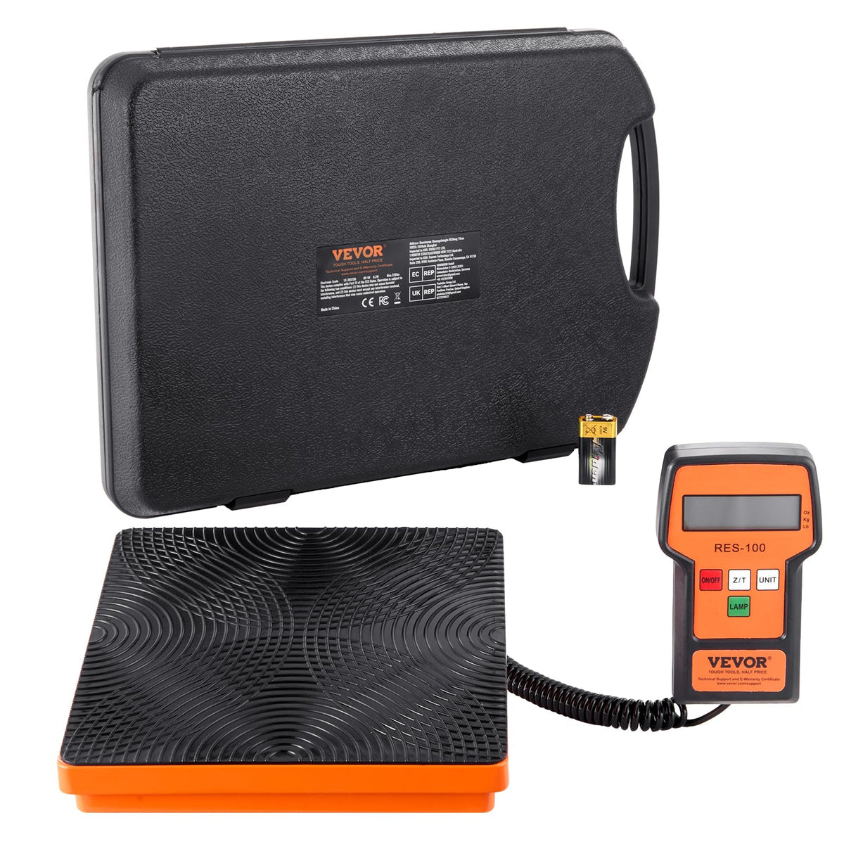 VEVOR scale next to toolbox illustrating compact portable size