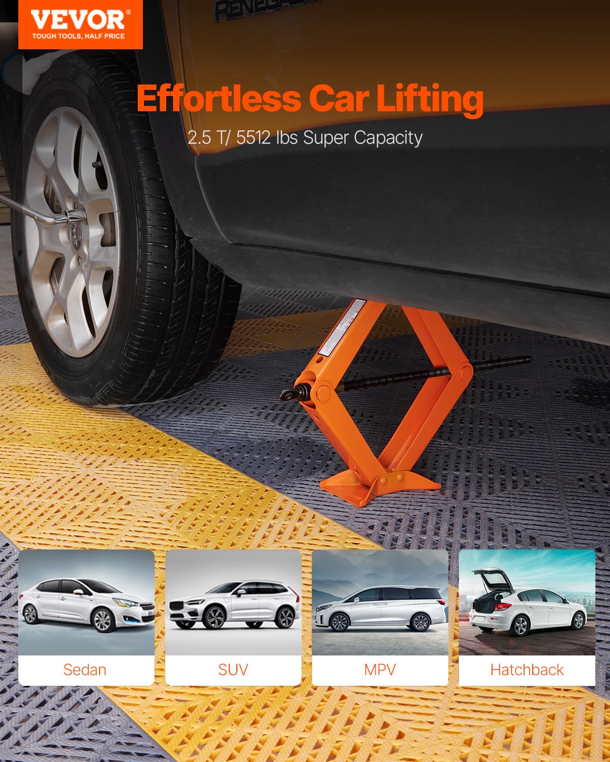 VEVOR scissor jack folded profile fits compact trunk storage for convenience