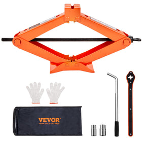 VEVOR scissor jack front view showing sturdy lift and quick deployment benefit