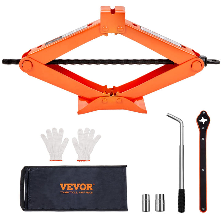 VEVOR scissor jack front view showing sturdy lift and quick deployment benefit