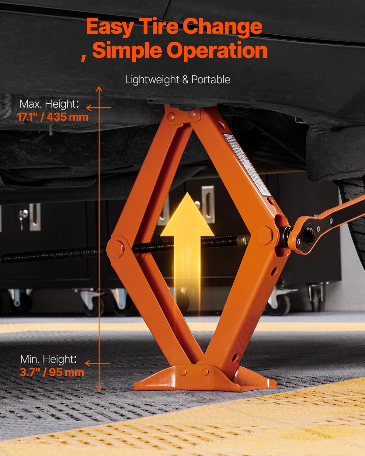 VEVOR scissor jack saddle closeup showing 360° rotation for precise positioning