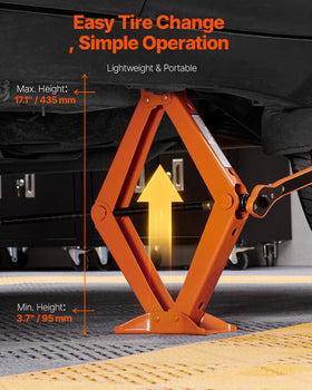 VEVOR scissor jack saddle closeup showing 360° rotation for precise positioning