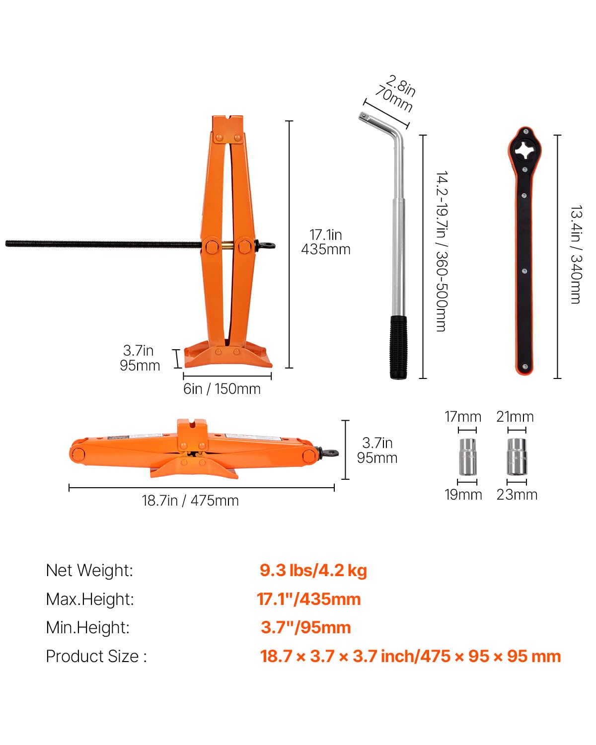 VEVOR scissor jack positioned under vehicle to demonstrate safe roadside use