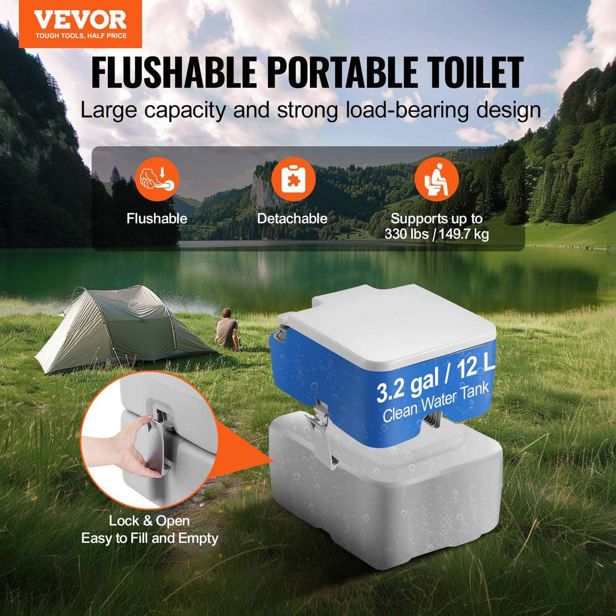 VEVOR closed seat and lid highlighting sturdy construction and portability