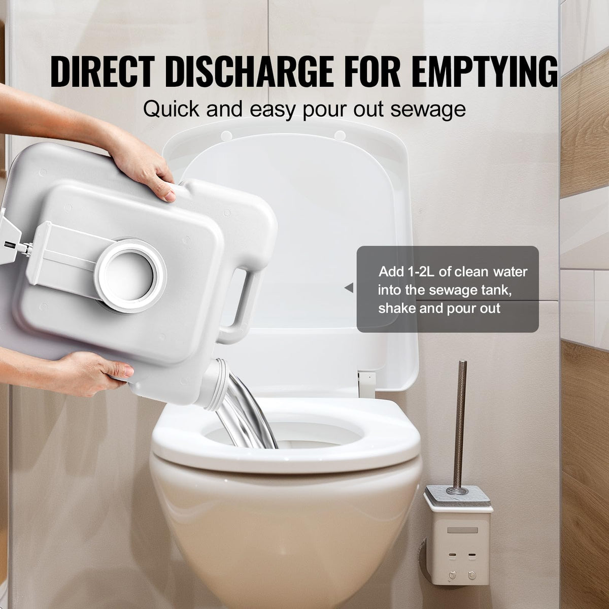 VEVOR sewage pipe rotation detail demonstrating 270° drain for thorough emptying