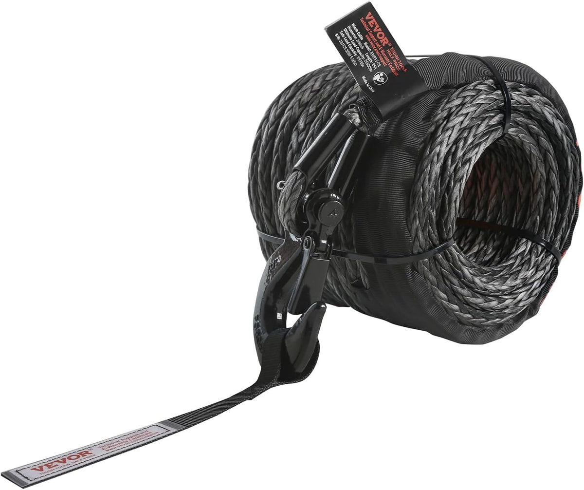 VEVOR coiled 3/8" x 100' rope beside ruler showing scale