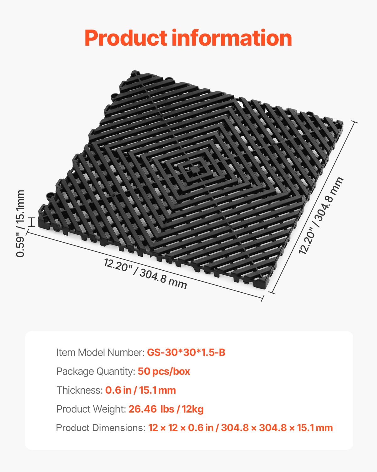 VEVOR size comparison with hand illustrating 12x12 inch scale and modular convenience