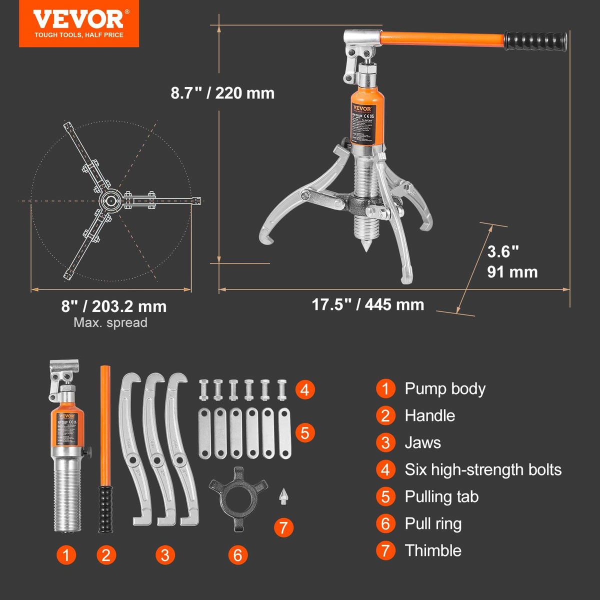 VEVOR puller next to ruler showing scale for accurate sizing benefit