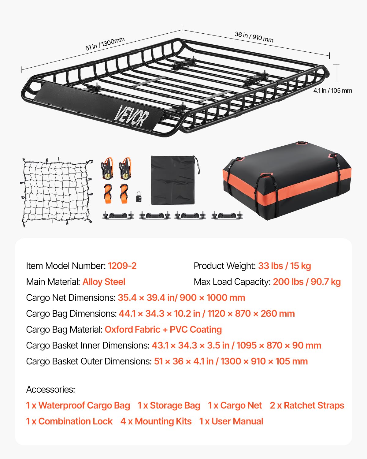 VEVOR roof rack with suitcases for scale benefit: demonstrates large 51x36 inch capacity