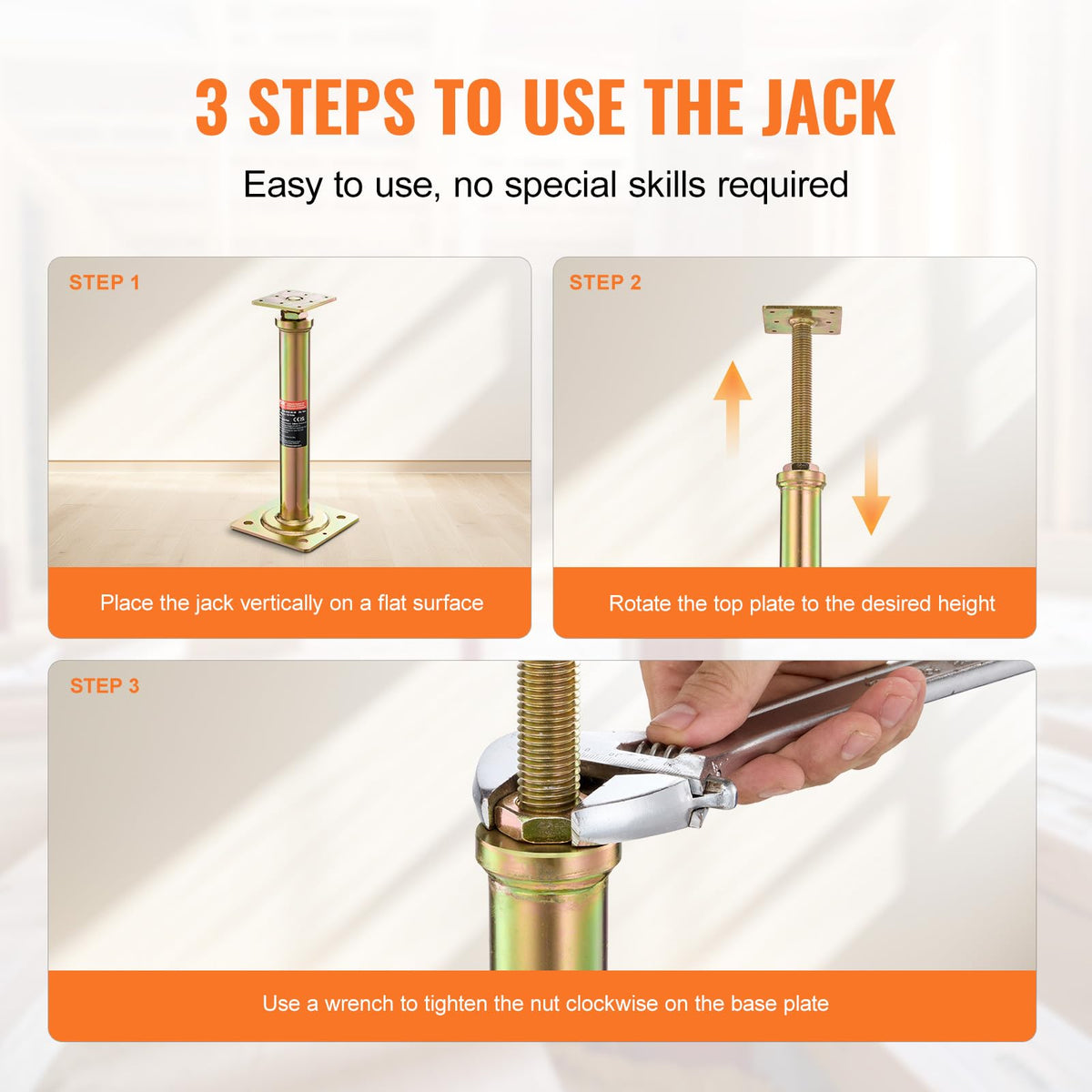 VEVOR jack beside a ruler showing 11.6"–16" height range for accurate planning