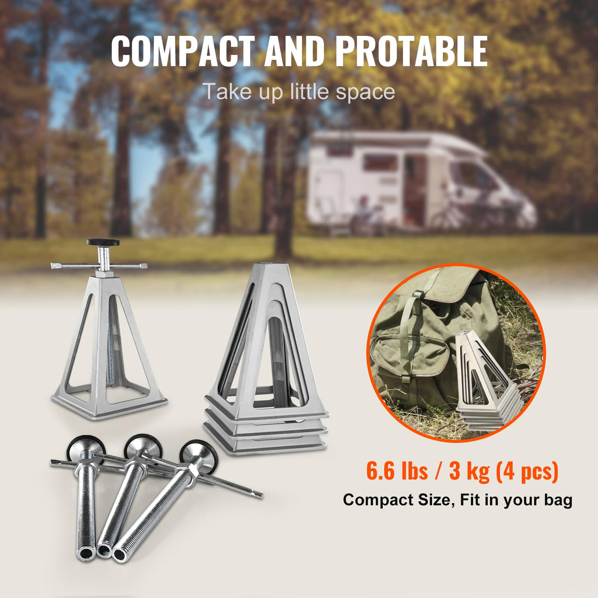 VEVOR jack held in hand for scale illustrating lightweight portability advantage
