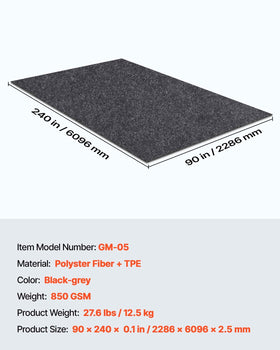 VEVOR mat next to measuring tape showing 7.5'x20' scale and fit