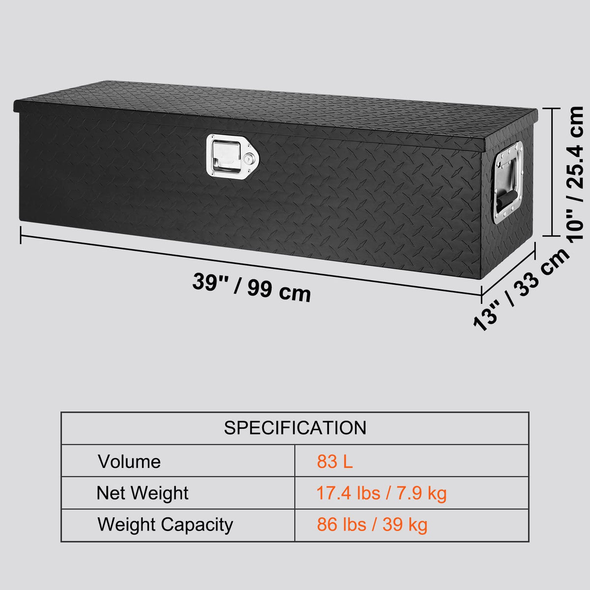 VEVOR toolbox next to ruler showing 39-inch scale for accurate size comparison