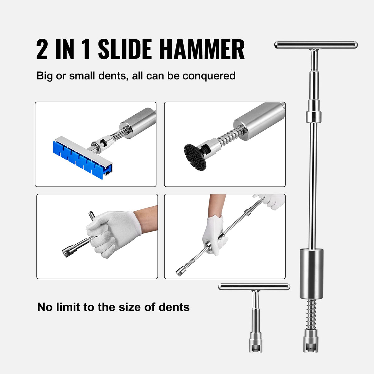 VEVOR 2-in-1 slide hammer detail illustrating convertible short and long pull capability