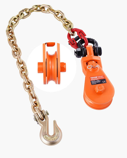 VEVOR snatch block front view showing solid construction and hook benefit