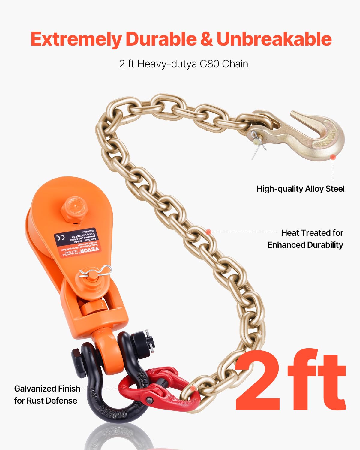 VEVOR snatch block open side panel showing easy rope access and quick setup benefit