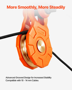 VEVOR snatch block fitted with synthetic rope demonstrating secure line tracking