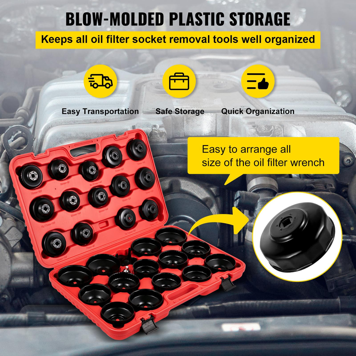 VEVOR sockets stored in molded case offering protected, labeled organization for quick jobsite access