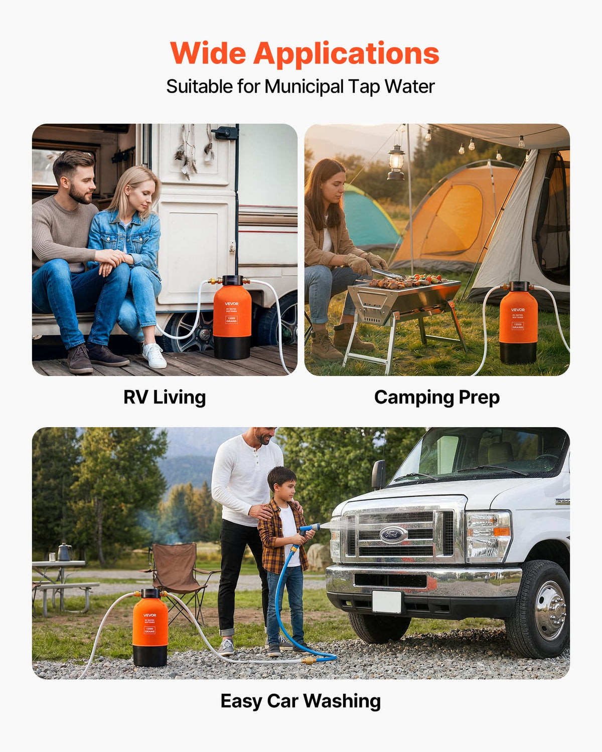 VEVOR connected to hose illustrating on-the-go soft water access for washing benefit