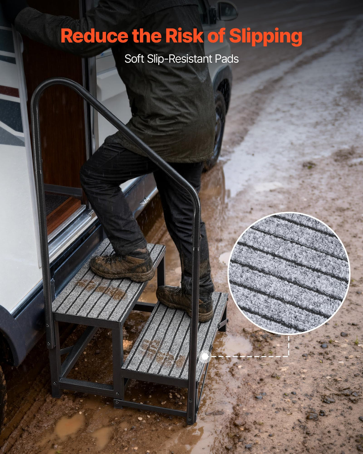 VEVOR steps installed beside an RV door offering easy, steady entry and exit