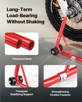 VEVOR stand supporting motorcycle side profile, stable elevated rear wheel for maintenance